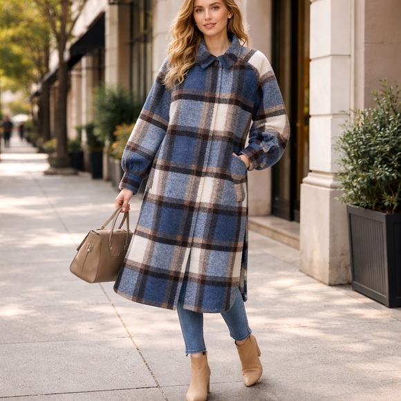 H&M Jackets & Blazers - H&M Oversized Plaid Coat – Blue/Brown Check – Cozy Statement Piece